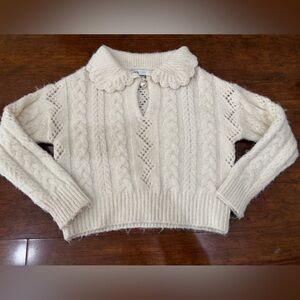 Zara Ivory Cable Knit Sweater with Scalloped Collar